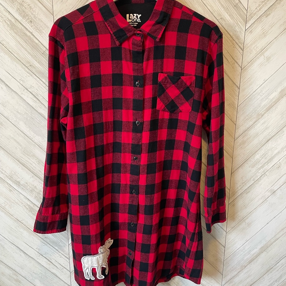 Lazy One Red and Black Plaid Button down Shirt with Moose Patch